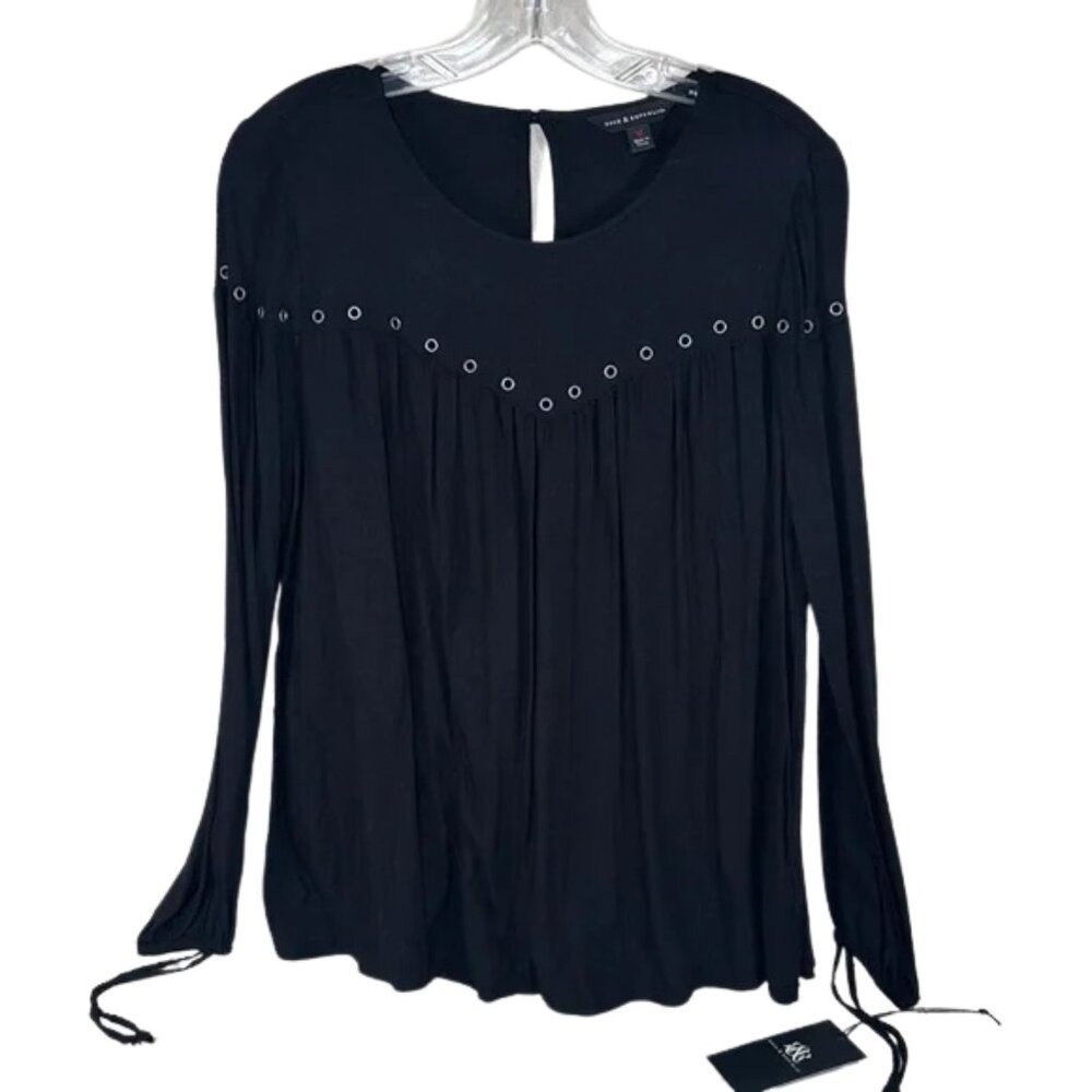 Rock & Republic Black Long Sleeve Embellished Blouse w/ Elastic Cuffs Women's L